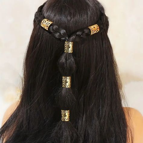 Large Golden Hollow Sun Shape Hair Rings For - Temu Metal Hair Rings Hairstyles, Eygptain Hairstyles, Gold Hair Accessories Aesthetic, Gold Hair Rings Hairstyles, Gold Hair Aesthetic, Gouache Hair, Braids With Decorations, Hair Rings Hairstyles, Ramadan Hairstyles