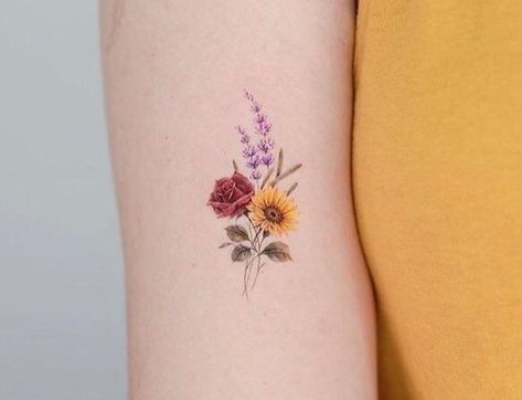 Tulip Sunflower Tattoo, Sunflower And Rose Tattoo, Best Feminine Tattoos, Realistic Flower Tattoo, Butterfly Wrist Tattoo, Rose Tattoos For Women, Lavender Tattoo, Ankle Tattoos For Women, Circle Tattoos