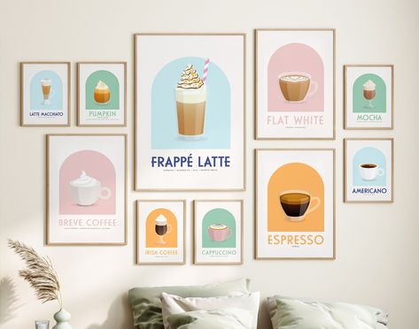 Coffee Guide Poster, Coffee Bar Shop, Colorful Coffee Shop, Coffee Bar Art, Coffee Gallery, Creative Area, Coffee Guide, Coffee Bar Decor, Kitchen Artwork