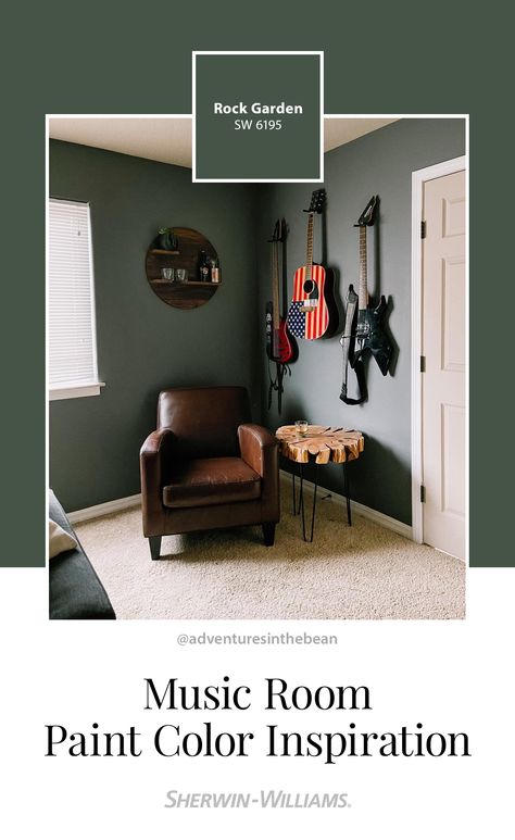 Complete your music room's ensemble with the moody and melodic paint color Rock Garden SW 6195 from Sherwin-Williams. Ready to get your painting project started? Tap this pin to have a free color chip mailed to your door. Thanks for sharing your #SWColorLove, @adventuresinthebean (on Instagram). #sherwinwilliams #DIY #color #inspiration #colorinspiration #music #musicroom #SWColoroftheYear #mediaroom #studio Rock Garden Green Sherwin Williams, Chat Room Sherwin Williams, Music Room Paint Colors, Best Dark Green Paint Colors Sherwin Williams, Roy Croft Bottle Green Sherwin Williams, Man Cave Colors Paint, Moody Green Sherwin Williams, Green Home Gym Paint Colors, Sw Rock Garden