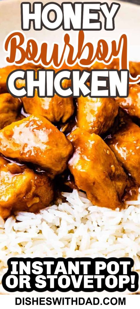 This Honey Bourbon Chicken recipe features tender chunks of chicken with a sweet and savory honey bourbon sauce. It's pressure cooked in the Instant Pot for a quick and easy dinner that tastes just like your favorite mall food court dish! Crock Pot Honey Bourbon Chicken, Honey Bourbon Sauce, Honey Bourbon Chicken Instant Pot, Instant Pot Bourbon Chicken, Honey Bourbon Chicken, Oven Bbq Chicken, Bourbon Chicken Recipe, Family Breakfast Recipes, Shredded Bbq Chicken