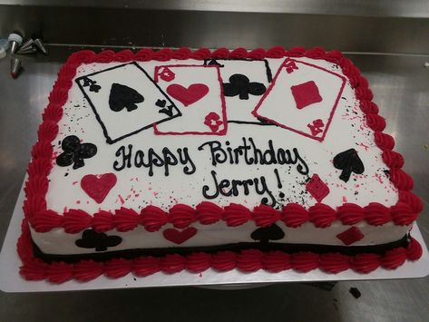 Poker cake Casino Theme Sheet Cake, 50th Poker Birthday, Poker Cake Birthday, Casino Cake Ideas For Men, Casino Sheet Cake, Gambling Cake Ideas, Casino Theme Birthday Cake, Poker Birthday Cake, Card Cake Ideas