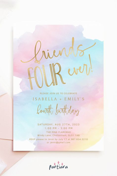 Self-editable 5x7" invite - follow the link for details and free demo! ♦ Easily edit online in your browser then download and print or send digitally ♦Ensure your party is unforgettable with this rainbow invite, bringing the magic of four to a girl’s 4th birthday tea party – enchanting with pastel pinks blue and gold ♦ #4thbirthdaygirls #4thbirthdayparty #4thbirthdayinvite #rainbowparty #birthdayrainbow #rainbowinvitations #4thrainbowinvite #friendsfourever #twingirlsbirthday #twins4thbirthday 4th Birthday Tea Party, Pastel Tea Party, Tea Party Invites, 4th Birthday Invitation, Birthday Tea Party, Rainbow Invitations, Love Website, Rainbow Pastel, Rainbow Birthday Party