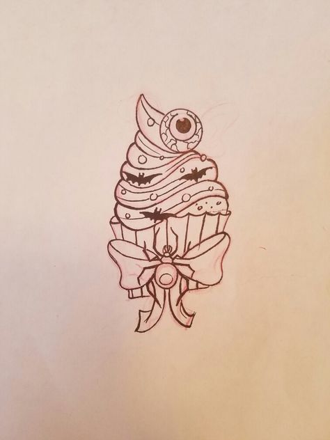 Halloween cupcake by cj marie Goth Cupcake Tattoo, Cupcake Skull Drawing, Spooky Food Tattoo, Spooky Cupcake Tattoo, Halloween Cupcake Tattoo, Witchy Sleeve, Cupcake Tattoo Designs, Cupcake Tattoo, Spooky Drinks