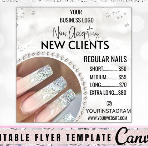 Nail salons flyer. You can edit flyer by Your self in Canva. It's super easy and very fast! Just change Your contacts and all pictures. You can add Your elements, logo and actually information where You want to. And You can remove something form this flyer what You don't need. You don't need to pay someone for flyer design, You don't have to spend Your time for making new Flyer in Canva Make Your social media bright and shine! Nail Promotions Poster, Nail Salon Flyer Ideas, Nail Tech Poster Ideas, Nail Tech Flyer Ideas, Nail Flyer Ideas, Nail Tech Marketing, Nail Salon Flyer, Canva Creations, Elements Logo