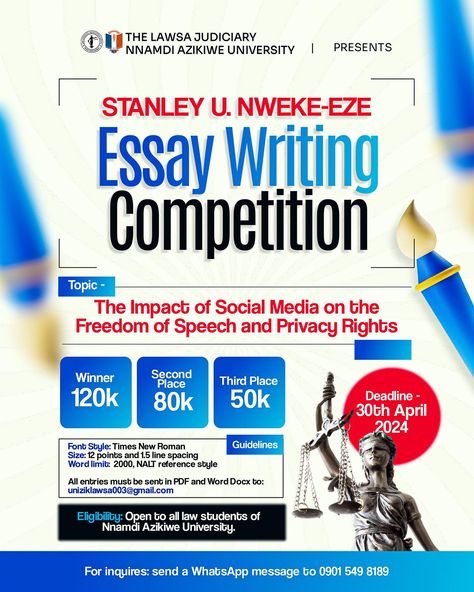 Flyer Designs I created for an Essay Competition…. Which of the slides is more lovelier? What do you think about this project? If good visuals is something you find important for your brand? Send a DM or Message us on WhatsApp +2348148468727, let’s start working together ✅ Want to see my post again?? Follow @abulographix Follow @abulographix #thriink #designathon #designingwithabrief #weektwo #hairvendor #graphicdesign #flyerdesign #graphicdesigner #flyerdesigner #socialmedia #socia... Essay Writing Competition, Essay Competition, Writing Competition, Hair Vendor, Law Student, Whatsapp Message, Freedom Of Speech, Working Together, Design Challenges