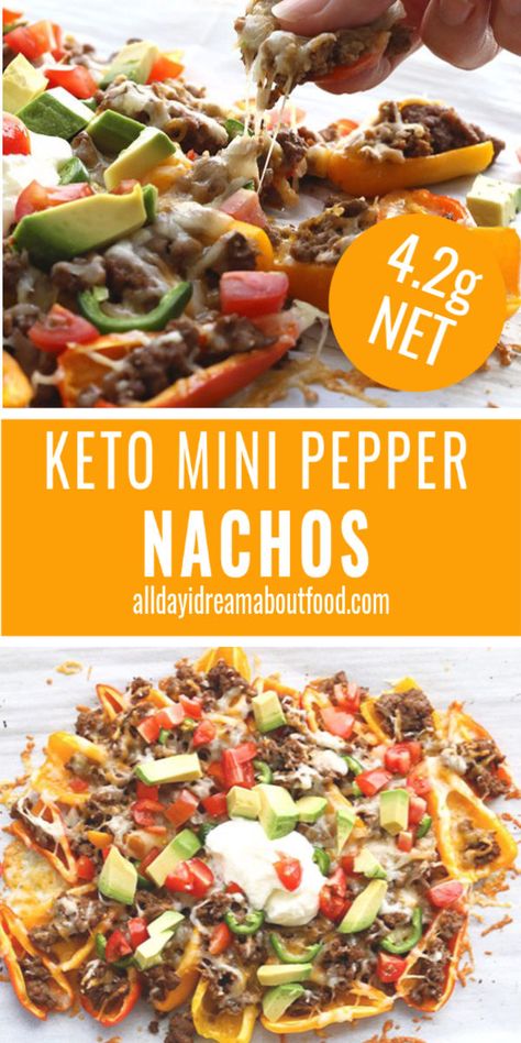 Mini Pepper Nachos, Keto Nachos, Pepper Nachos, Nacho Toppings, Mini Peppers, Nachos Recipe Easy, Desayuno Keto, Desserts Keto, Low Carb Low Fat Recipes