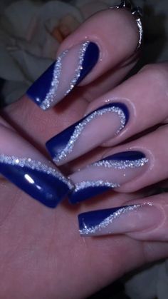 Hoco Nails Blue And Silver, Blue N Silver Nails, Royal Blue And Silver Quinceanera Nails, Royal Blue Chrome Nails Designs, Blue And Sliver Nails Ideas, Royal Blue Wedding Nails For Bride, Royal Blue And Silver Sweet 16, Nails For Dark Blue Dress Prom, Prom Nails For Dark Blue Dress