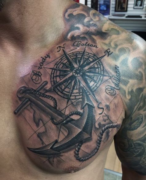 Nautical Chest Tattoo Men, Nautical Chest Tattoo, Compass Chest Tattoo, Half Chest Tattoo Men Ideas, Ship Tattoo Sleeves, Nautical Tattoo Sleeve, Compass Tattoo Design, Military Tattoos, Mens Shoulder Tattoo