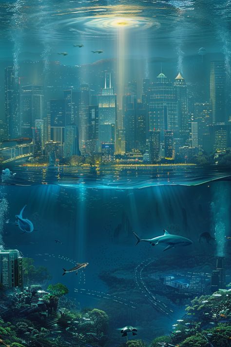 /imagine an underwater city with a light source on the sea bed that illuminates the city. There are other sea creatures swimming around the city. We can see trees, rivers and mountains in this underwater world. The art style is hyper realistic. --v 6.0 - Image #4 Fantasy Underwater City Concept Art, Mermaid City Underwater, Underwater City Aesthetic, Underwater Transportation, Sea World Aesthetic, Belize Painting, Underwater Bed, Underwater City Concept Art, Underwater City Fantasy Art