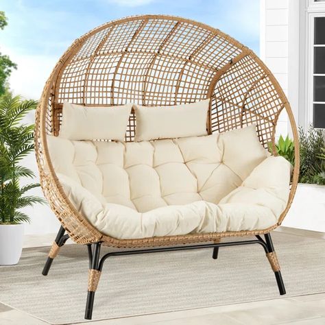 Damarie 2 Person Chair Basket Chair, Outdoor Club, Ottoman Cushion, Beige Cushions, Backyard Living, Outdoor Rocking Chairs, Seat Design, Rattan Basket, Patio Seating