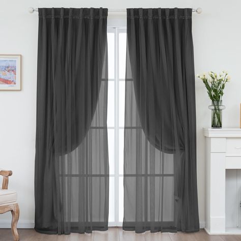 PRICES MAY VARY. PACKAGE INCLUDES: 2 double curtain panels, each 52 inches wide and 96 inches long. The curtains have a combination design, so you only need one curtain rod. DOUBLE LAYER DESIGN: Our curtains are double-layered, the blackout layer effectively blocks sunlight and UV rays, whether you are catching up on sleep or watching a movie, these curtains can create a comfortable lounge space for you. And the voile layer blocks unwanted views during the day, while ensuring fresh air and natur Blackout Curtains Bedroom Ideas, Black Curtains Living Room Ideas, Black Curtains Living Room, Double Layer Curtains, Layer Curtains, Large Window Curtains, Green Sheer Curtains, Blackout Curtains Bedroom, Window Curtains Bedroom