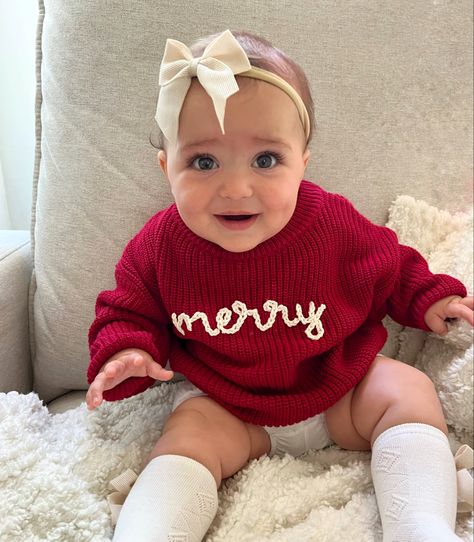 Hand embroidered Merry sweater for babies and toddlers! Merry Sweater, Baby Christmas Sweater, Embroidered Baby Clothes, Embroidered Sweaters, Christmas Sweater Outfits, Sweater Designs, Toddler Sweater, Baby Christmas Outfit, Baby Christmas