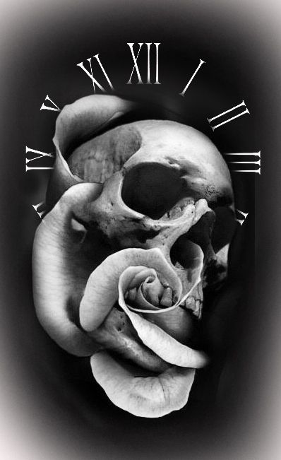 Would be cool for a tattoo. Evil Skull Tattoo, Skull Rose Tattoos, Skull Sleeve Tattoos, Skull Sleeve, Geniale Tattoos, Clock Tattoo, Skull Tattoo Design, Skull Artwork, Badass Tattoos