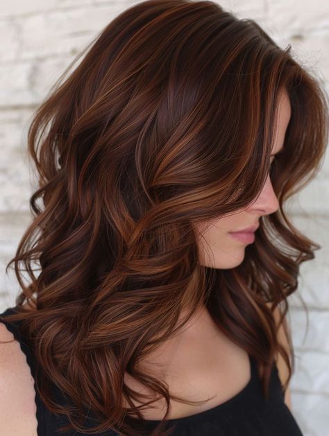 Fall Hair Colors Cinnamon, Fall Hair Colors Dimensional, Slightly Auburn Hair, Sun Kissed Cinnamon Hair, Deep Cinnamon Hair Color, Mid Length Dark Auburn Hair, Root Beer Hair Color, Red Hair For Dark Autumn, Brown Hair Auburn Money Piece