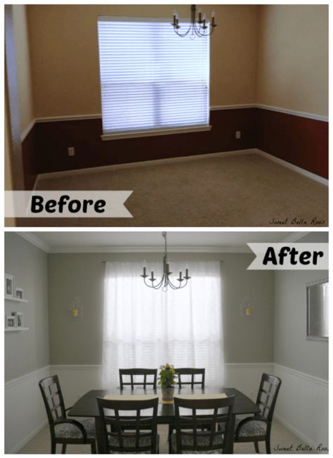 Dining room before and after- amazing what a little paint can do! Dining Room Paint, Dining Room Remodel, Dining Room Makeover, Chair Rail, Room Transformation, Room Remodeling, Dining Room Walls, After Photos, Decor Minimalist