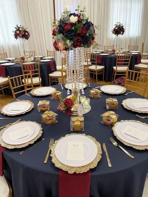 Gold Plate Centerpiece, Burgundy And Navy Blue Wedding Centerpieces, Navy Blue Burgundy Gold Wedding Centerpieces, Navy Blue Burgundy And Gold Wedding, Navy Blue Red And Gold Wedding Table Settings, Navy Tablecloth Wedding Round Tables, Navy Blue Burgundy Gold Wedding Tables, Burgundy And Navy Reception Decor, Navy And Burgundy Centerpieces