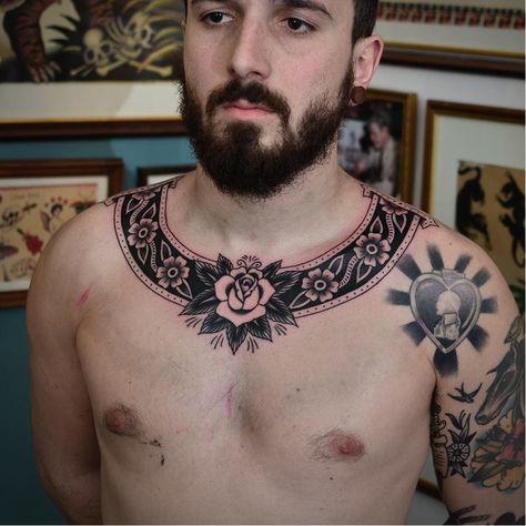 Chest Necklace Tattoo, Traditional Tattoo Meanings, Traditional Chest Tattoo, Rose Chest Tattoo, Collar Tattoo, Traditional Butterfly Tattoo, Vintage Tattoo Art, Vintage Tattoos, Cuff Tattoo