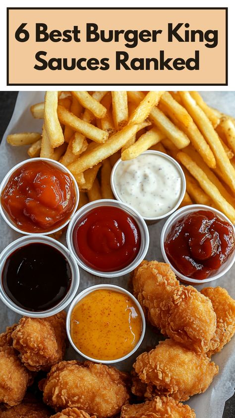 An image featuring an assortment of Burger King sauces, including BBQ, ranch, and sweet and sour, arranged neatly beside crispy chicken nuggets and fries. Sauce Burger, The Best Burger, Good Burger, Burger King, Copycat Recipes, Ketchup, Buffalo, Sauce, Good Things