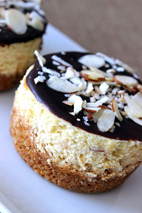 Almond Cheesecake, Mini Cheesecake Recipes, Best Cheesecake, Bite Size Desserts, Gourmet Desserts, Coconut Almond, Almond Joy, Cheesecake Desserts, Mini Cheesecakes