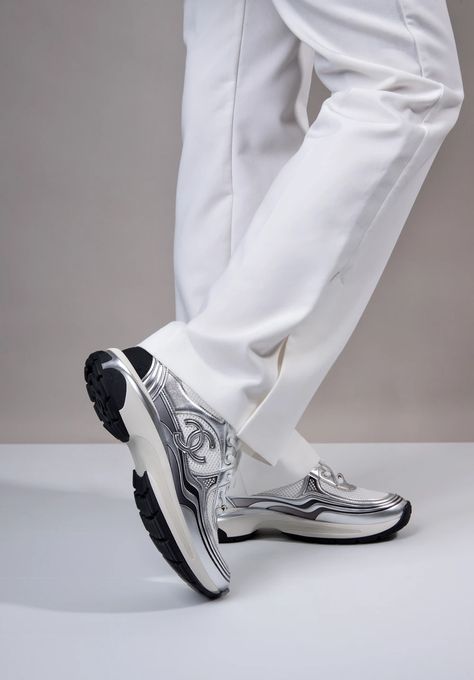 Chanel - Metallic Silver/White CC Sneakers | Chanel Metallic Sneakers Outfit, Chanel Products, Chanel Sneakers, Shoe Wishlist, Metallic Sneakers, Silver Sneakers, Metallic Shoes, Next Clothes, Silver Shoes