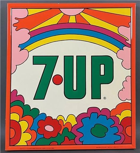 Artwork by Peter Max, 7UP Metal Advertising Sign, Made of screenprint 60s Aesthetic Art, Groovy Illustration, Mars Illustration, Soda Advertising, Peter Max Art, 60s Aesthetic, Longboard Design, Graphic Layout, Vintage Soda