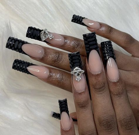 Simple Nail Ideas Black Women, Black Croc Print French Tip Nails, Sweet 16 Nails Black, Prom Black Nails, Crome Nails Square, Black Nails Red Bottoms, Black Medium Nails, Black French Tip Nails With Rhinestones, Black Croc Nails