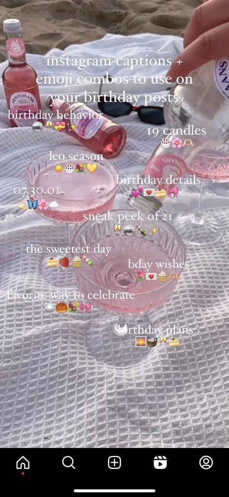 21st Instagram Story, Bday Emoji Combo, Night Out Emoji Combinations, My Birthday Ig Story Ideas, Picnic Emoji Combination, Sun Emoji Combinations, Self Care Emoji Combinations, Birthday Emojis On Instagram, Brunch Emoji Combo