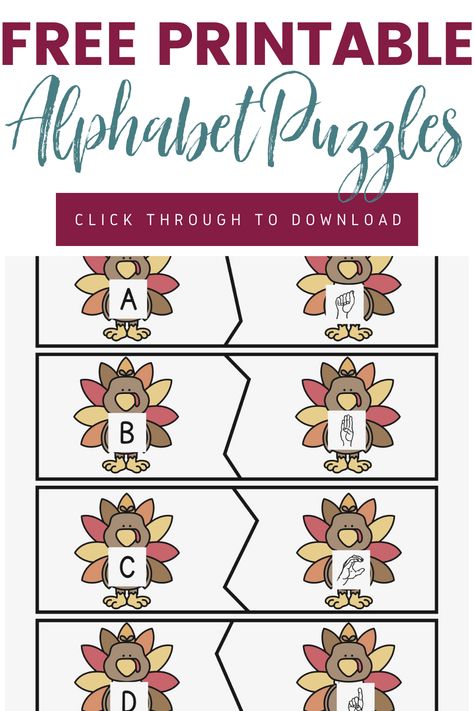 Free Printable Thanksgiving Themed Alphabet Matching Puzzles 1 Thanksgiving Language Activities, Turkey Alphabet, Letters For Preschool, Thanksgiving Alphabet, Turkey Theme, Asl Alphabet, Sign Language For Kids, Free Printable Thanksgiving, Activity Preschool