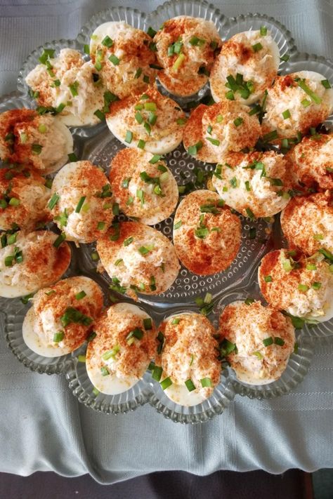 Crab-Stuffed Deviled Eggs | "These eggs are actually also stuffed with crab, not just topped with crab. They are extremely easy to make. This recipe includes my famous 17-minute egg-cooking method." #easter #eastereggs #deviledeggs #easterrecipes #easterideas #easterappetizers #easterinspiration #easterweekend #appetizer #eggs #deviledeggs #allrecipes Curried Eggs, Crab Deviled Eggs Recipe, Devilled Eggs Recipe Best, Devilled Eggs, Best Deviled Eggs, Deviled Eggs Easy, Deviled Eggs Recipe, Eggs Recipe, Egg Dish