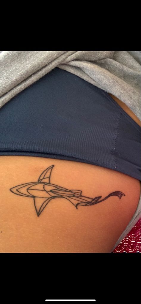 Rib Shark Tattoo, Shark Tattoo Placement, Shark Tattoo On Thigh, Line Work Shark Tattoo, Shark Outline Tattoo Simple, Abstract Shark Tattoo, Geometric Shark Tattoo, Under The Sea Tattoos, Shark Line Tattoo