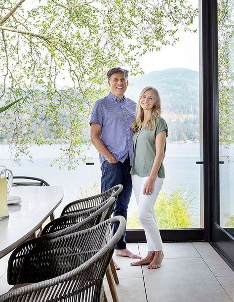 “This is now our gathering place,” says Colleen (pictured right with Matthew). “It’s where we can enjoy our new home, the view, the water and each other’s company — we forget about the stresses of life, and just appreciate one another and the nature that surrounds us.” West Coast Style Homes, West Coast House, Coast House, Neutral Flooring, West Coast Style, Stair Lift, West Coast Fashion, Coast Style, Vanity Area