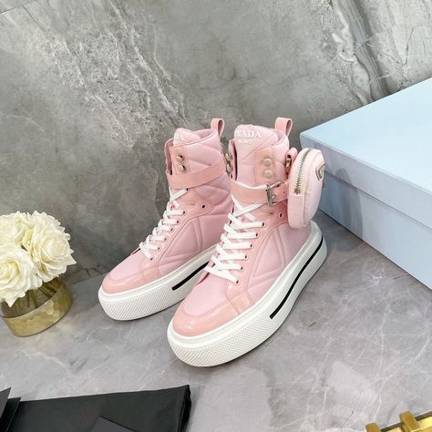 Prada Macro Re-Nylon And Brushed High-Top Sneakers Pink For Women 1.8in/45mm Prada Pin Button Design, Sneakers Pink, Luxury Sneakers, Balenciaga Bag, Triangle Logo, Flat Sneakers, Sneaker Brands, Color Rosa, Trainers Women