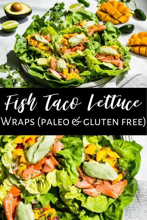 These easy to make Fish Taco Lettuce Wraps are packed with flavor, and they're a healthy recipe too. They're naturally gluten free, dairy free, paleo, and Whole30. They're also a little different than your usual fish taco with salmon and mango salsa which is seriously addictive paired with the creamy avocado. #lettucewraps #healthy #glutenfree #dairyfree #whole30 #paleo Salmon And Mango Salsa, Taco Wraps, Paleo Seafood Recipes, Lettuce Tacos, Taco Lettuce Wraps, Quick Lunch Recipes, Paleo Salads, Fish Taco, Healthy Tacos