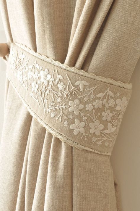 Embroidered Curtains Bedroom, Embroided Curtains, Shabby Chic Curtain Ideas, Tiebacks For Curtains Ideas, Curtain Embroidery, Embroidery Curtains, Girls Bedroom Curtains, Embroidered Curtains, Curtain Holders