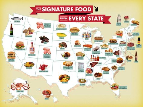 A map that shows the signature food from each state in the USA Rocky Mountain Oysters, Usa Map Art, Coney Dog, Food Map, Pork Roll, Polynesian Tattoos, Apple Maple, Usa Food, In-n-out Burger