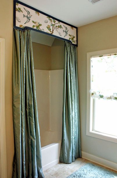 The Peak of Tres Chic: Needing, Wanting, Loving: Corniced Shower Curtains Curtain With Valance, Shower Curtain With Valance, Beautiful Bathroom Decor, Custom Valances, Long Shower Curtains, Decorating Bathroom, Master Shower, Cottage Living Rooms, Custom Shower Curtains