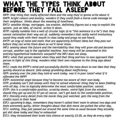 What Each MBTI Thinks About Before Bed Intj Female, Intj Infj, Mbti Infj, Mbti Charts, Briggs Personality Test, Enfp Personality, Intj And Infj, Mbti Types, Intp Personality