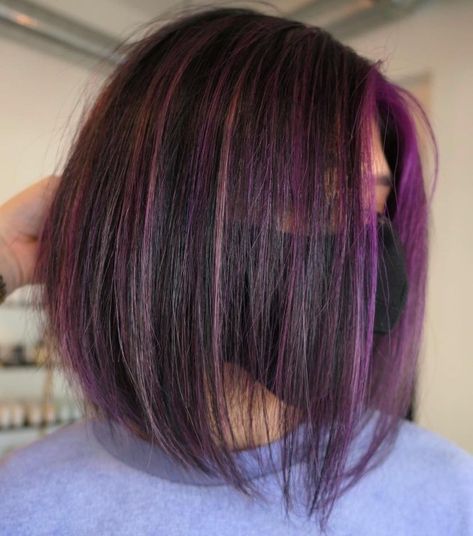 Purple Highlights for Brown Bob Blonde Hairlights Short Hair, Purple Hairlights, Hairstyles With Purple Highlights, Hairstyles With Purple, Burgundy Hair Colour, Plum Highlights, Highlight Hair Dye, Purple Highlights Brown Hair, Purple Brown Hair