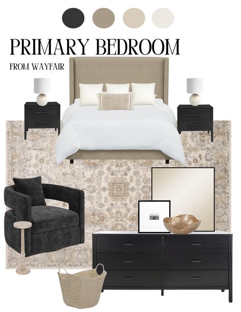 Tan And Black Bedroom Ideas Neutral Tones, Master With Black Furniture, Grey Beige And Black Bedroom, Black Bedroom Furniture Aesthetic, Black White Cream Bedroom, Boho Bedroom Color Palettes, Modern Cozy Bedroom Neutral Grey, Young Women Bedroom Ideas, Beige And Black Room