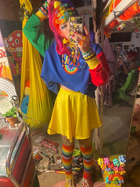 Colorful Kidcore Outfits, 80s Arcade Outfit, Pastel Rainbow Aesthetic Outfit, Technicolor Outfit, Rainbow Clown Outfit, Kidcore Clothes Aesthetic, Bardcore Outfit, Kidcore Style Outfits, Kidcore Fursona