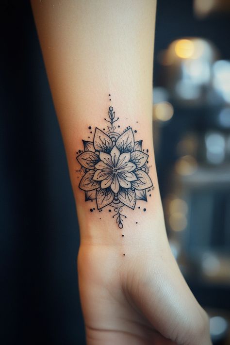 Beautify Your Wrist With 13 Mandala Tattoo Ideas - NeedleStar Wrist Tattoos For Women Wrap Around, Flowers And Mandala Tattoo, Womens Wrist Tattoos, Hand Wrist Tattoos For Women, Peony Mandala Tattoo, Child Name Tattoo Ideas, Mandala Tattoo Ideas For Women, Inside Wrist Tattoos For Women, Mandala Lotus Tattoo