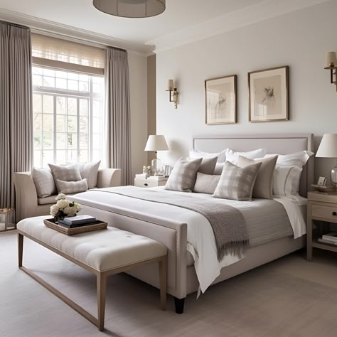 Woodmancote Family Home, The Cotswolds  A more neutral palette was employed in the Guest Bedroom and En-suite, with optimal layering and textures ensuring a space for comfort and rejuvenation.  “Pale Smoke Grey” paint @edwardbulmerpaint was used on the walls, creating a calm cocooning space for rest and relaxation.  The Guest En-Suite features a deep bath called “York”, sourced through @vitoria_albert_baths   #sustainabledesign #timelessinteriors #guestsuite #cotswoldhomes #cotswoldliving Pale Grey Bedroom, Cream Bedroom, Cream Bedrooms, Gray Bedroom Walls, Cozy Bedroom Design, Bedroom Colour, Dark Windows, Parents Room, Classy Bedroom