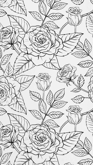 Free vector black botanical phone wallpa... | Free Vector #Freepik #freevector #rose-pattern #nature-pattern #floral-illustration #leaf-pattern Flower Pattern Background, Rosas Vector, White Background Hd, Disney Pop Art, Tropical Frames, Line Art Flowers, Rosé Black And White, Png Stickers, Rose Illustration