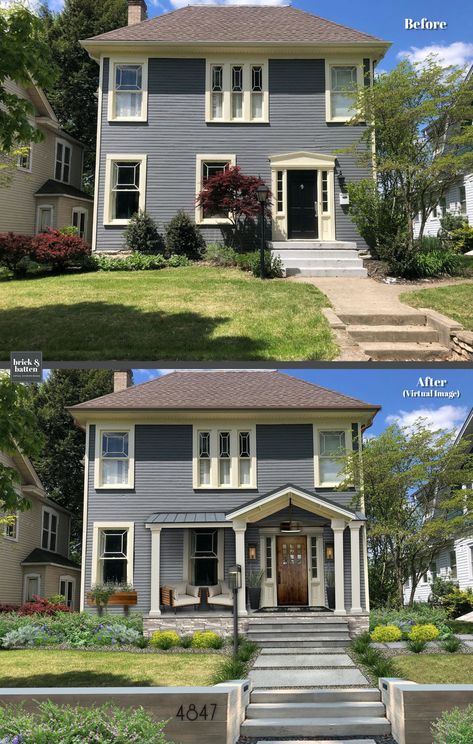 This before-and-after demonstrates how small changes can make a huge difference in your home’s curb appeal. Displaying the house numbers directly on the new retaining wall brings a modern twist to this traditional colonial-style home. Check out this list for more ideas for displaying your house numbers! #exteriordesign #curbappeal #housenumbers #address Colonial Curb Appeal Before And After, Colonial House Exterior Before And After, Small Colonial Front Porch Ideas, Landscaping Ideas For Colonial Homes, House Numbers On Colonial House, Side Hall Colonial Exterior, Add Character To Your Home Exterior, 90s Exterior Update, Colonial Before And After Exterior