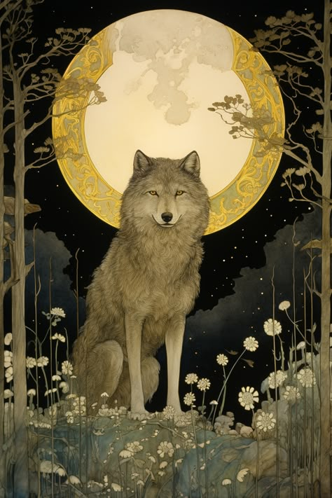 Beautiful Illustration, Witch And Wolf, Wolf Witch, Wolf Illustration Art, Witch And Wolf Art, Wolf Moon Art, Mystical Wolf Drawing, Mystical Wolf Art, Large Wolf Fantasy Art