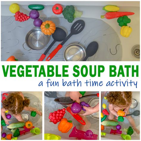 Bath Fun For Toddlers, Sensory Bath Ideas, Themed Baths For Kids, Toddler Bath Activities, Vegetable Activities For Toddlers, Fun Bath Ideas, Bath Time Ideas, Bath Time Activities, Sensory Bath