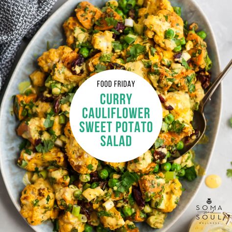 Cauliflower Sweet Potato Curry, Curried Cauliflower And Sweet Potato Bowls, Curry Cauliflower Salad, Curried Cauliflower Salad, Cauliflower Sweet Potato Recipes, Diced Sweet Potato Recipes, Mediterranean Sweet Potatoes, Sweet Potato Juice, Metabolic Recipes