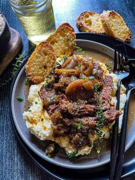 French Onion Pot Roast || Rufus For Real French Onion Pot Roast Dutch Oven, French Onion Pot Roast, Instant Pot Slow Cooker, Beef Chuck Roast, Mushroom Powder, Dried Mushrooms, Pot Roast Recipes, Beef Chuck, Onion Recipes