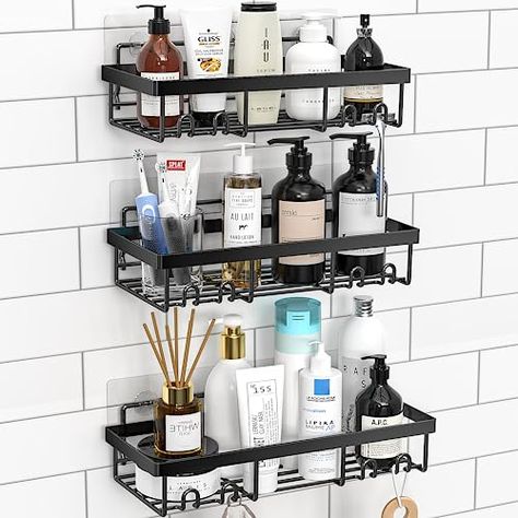 Black Bathroom Shelves, Black Bathroom Sets, First Apartment Essentials, Storage Decor, Bathroom Necessities, Shower Storage, Shower Organization, Shelf Organizer, Rv Accessories